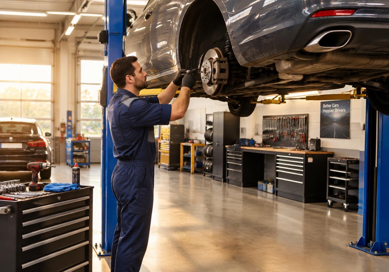 Technician inspecting brakes in the Primacy Motors workshop